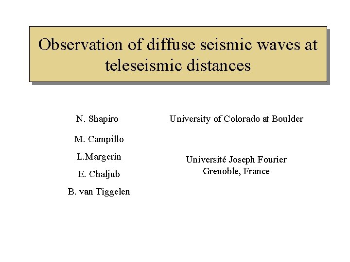 Observation of diffuse seismic waves at teleseismic distances N. Shapiro University of Colorado at