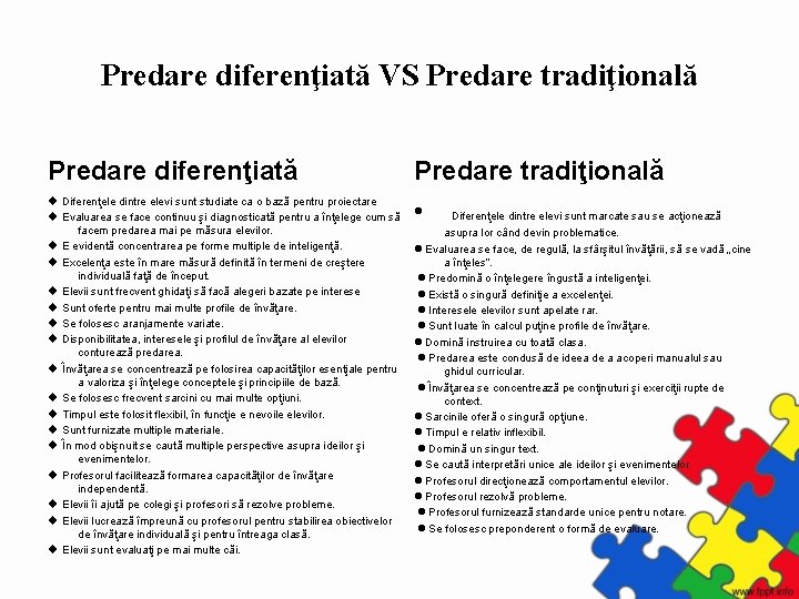 Predare diferenţiată VS Predare tradiţională Predare diferenţiată Predare tradiţională Diferenţele dintre elevi sunt studiate