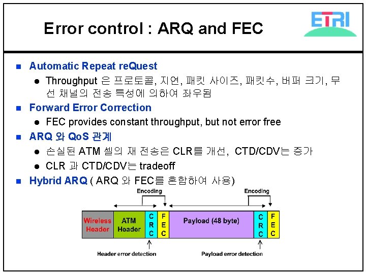 Error control : ARQ and FEC n n Automatic Repeat re. Quest l Throughput