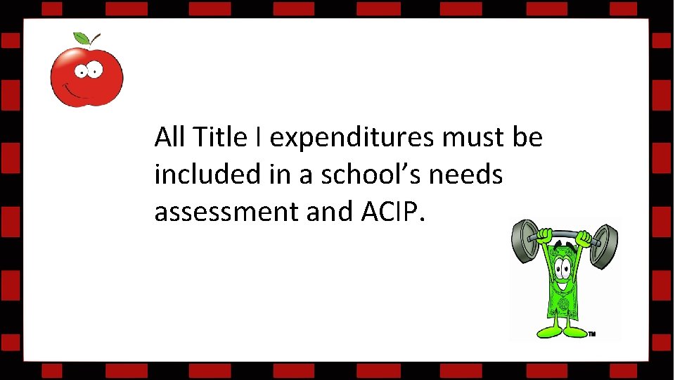 All Title I expenditures must be included in a school’s needs assessment and ACIP.