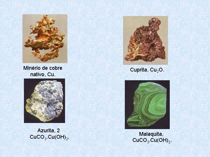 Minério de cobre nativo, Cu. Azurita, 2 Cu. CO 3. Cu(OH)2. Cuprita, Cu 2 Minério de cobre nativo, Cu. Azurita, 2 Cu. CO 3. Cu(OH)2. Cuprita, Cu 2