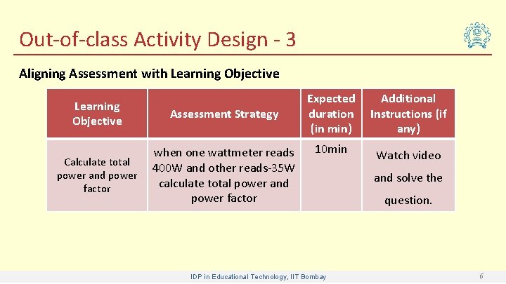 Out-of-class Activity Design - 3 Aligning Assessment with Learning Objective Assessment Strategy Calculate total