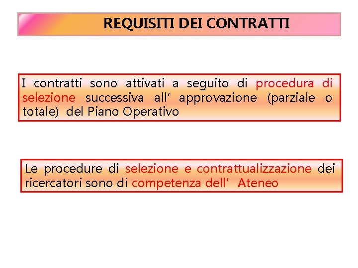 REQUISITI DEI CONTRATTI I contratti sono attivati a seguito di procedura di selezione successiva REQUISITI DEI CONTRATTI I contratti sono attivati a seguito di procedura di selezione successiva