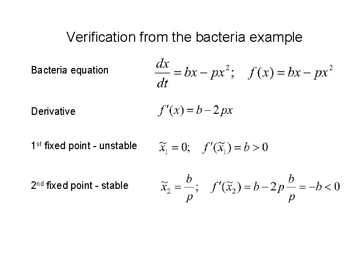 Verification from the bacteria example Bacteria equation Derivative 1 st fixed point - unstable