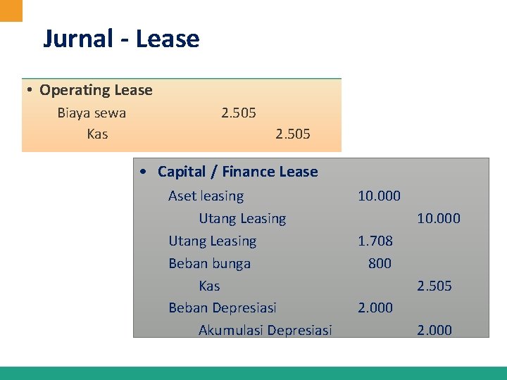 Jurnal - Lease • Operating Lease Biaya sewa Kas 2. 505 • Capital / Jurnal - Lease • Operating Lease Biaya sewa Kas 2. 505 • Capital /