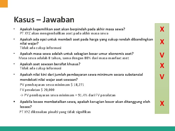 Kasus – Jawaban • Apakah kepemilikan aset akan berpindah pada akhir masa sewa? PT Kasus – Jawaban • Apakah kepemilikan aset akan berpindah pada akhir masa sewa? PT