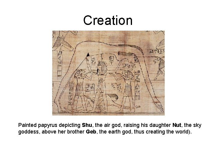 Creation Painted papyrus depicting Shu, the air god, raising his daughter Nut, the sky