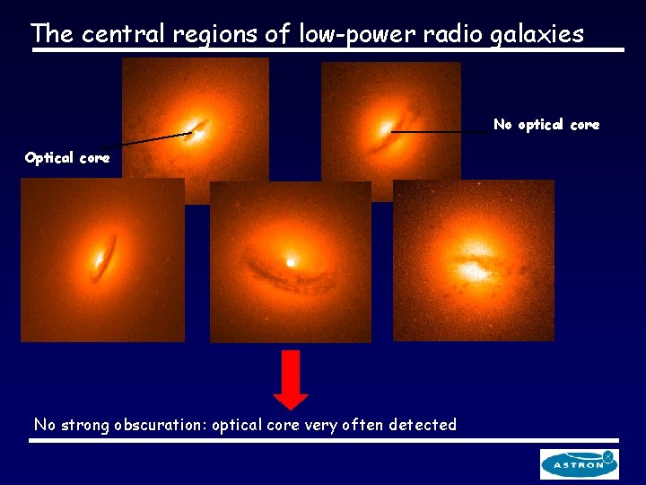 The central regions of low-power radio galaxies No optical core Optical core No strong