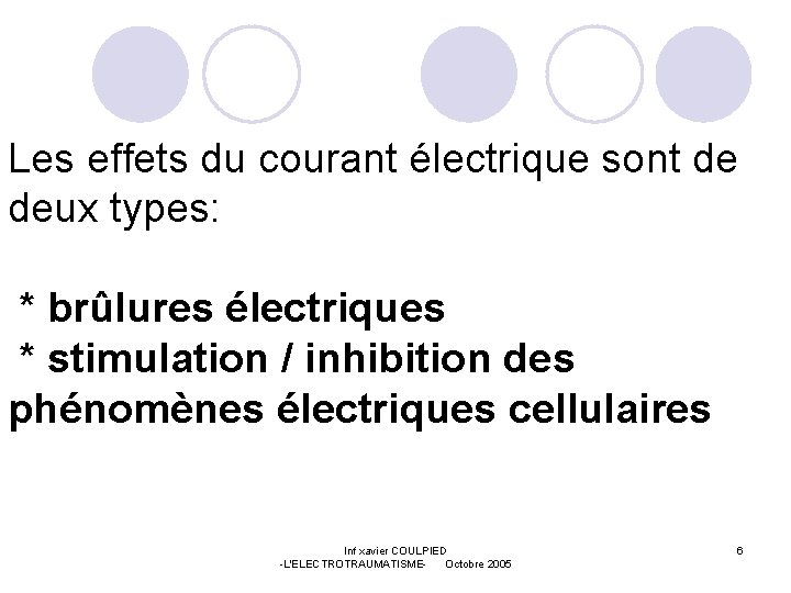 Les effets du courant électrique sont de deux types: * brûlures électriques * stimulation