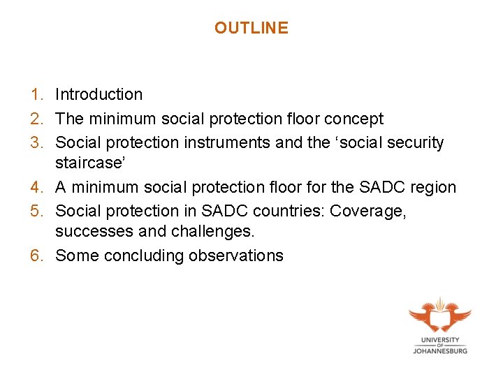 OUTLINE 1. Introduction 2. The minimum social protection floor concept 3. Social protection instruments