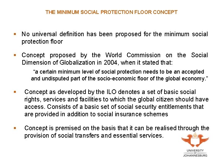 THE MINIMUM SOCIAL PROTECTION FLOOR CONCEPT § No universal definition has been proposed for