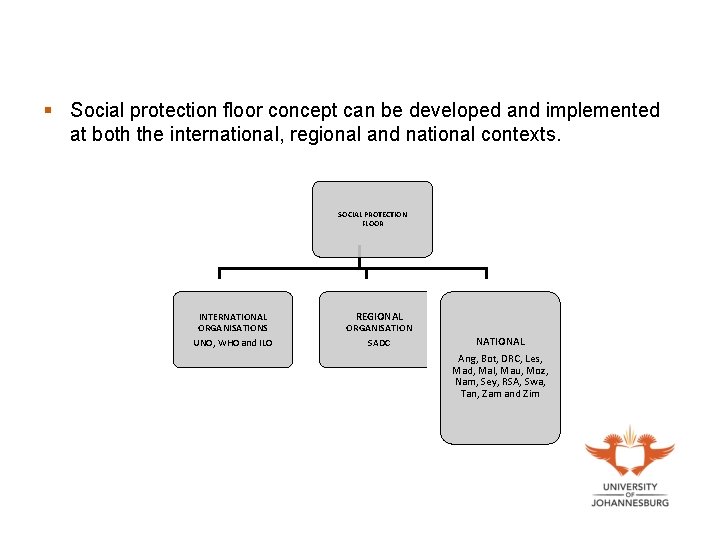 § Social protection floor concept can be developed and implemented at both the international,