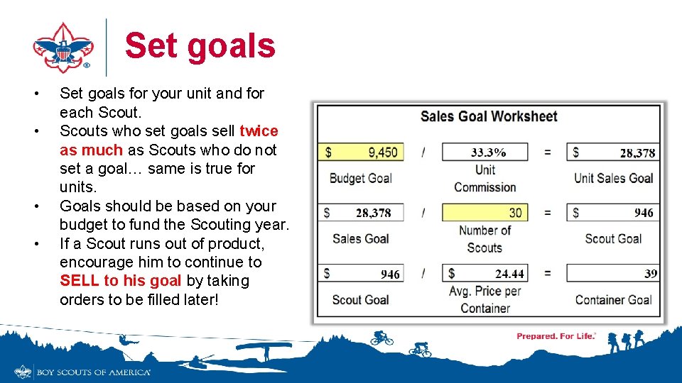 Set goals • • Set goals for your unit and for each Scouts who Set goals • • Set goals for your unit and for each Scouts who