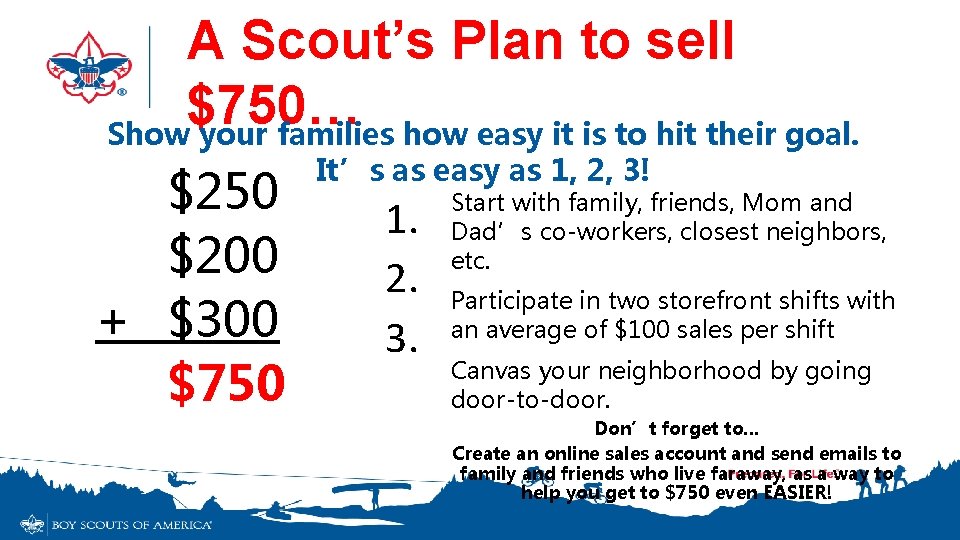 A Scout’s Plan to sell $750… Show your families how easy it is to A Scout’s Plan to sell $750… Show your families how easy it is to