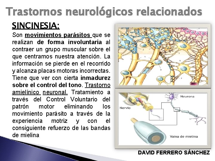 Trastornos neurológicos relacionados SINCINESIA: Son movimientos parásitos que se realizan de forma involuntaria al