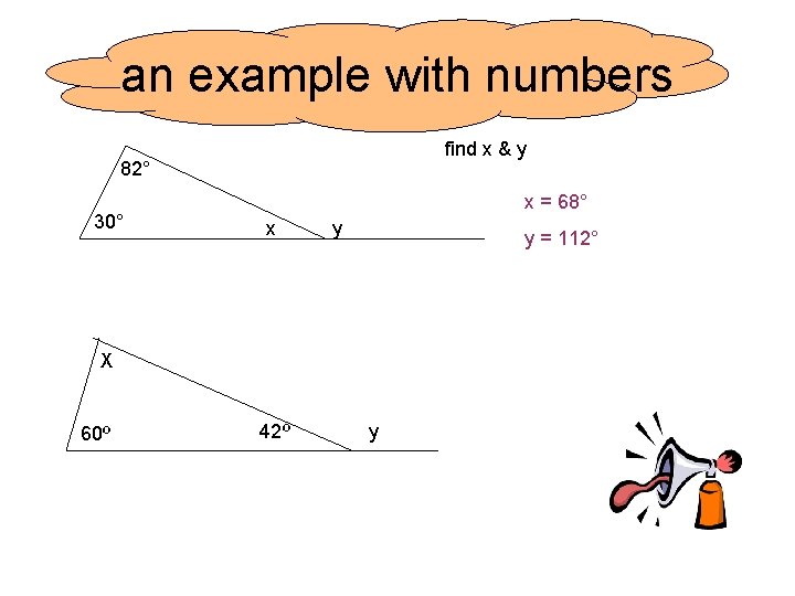 an example with numbers find x & y 82° 30° x = 68° x