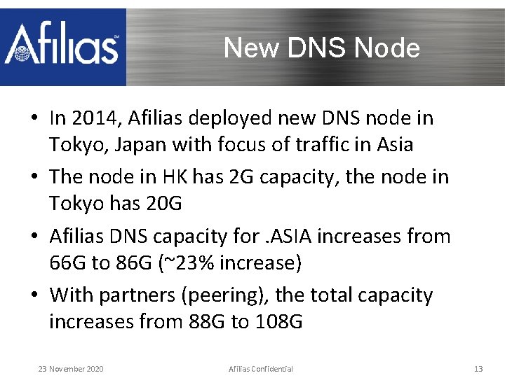 New DNS Node • In 2014, Afilias deployed new DNS node in Tokyo, Japan