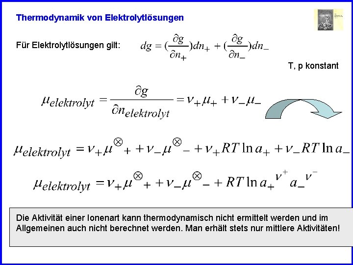 Thermodynamik von Elektrolytlösungen Für Elektrolytlösungen gilt: T, p konstant Die Aktivität einer Ionenart kann