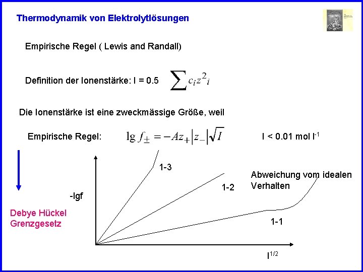 Thermodynamik von Elektrolytlösungen Empirische Regel ( Lewis and Randall) Definition der Ionenstärke: I =