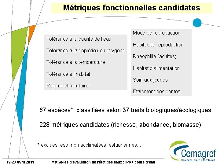 Métriques fonctionnelles candidates Mode de reproduction Tolérance à la qualité de l’eau Habitat de