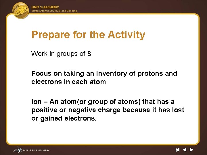 Prepare for the Activity Work in groups of 8 Focus on taking an inventory