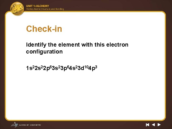 Check-in Identify the element with this electron configuration 1 s 22 p 63 s