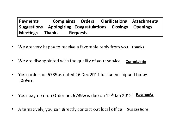 Payments Complaints Orders Clarifications Attachments Suggestions Apologizing Congratulations Closings Openings Meetings Thanks Requests •