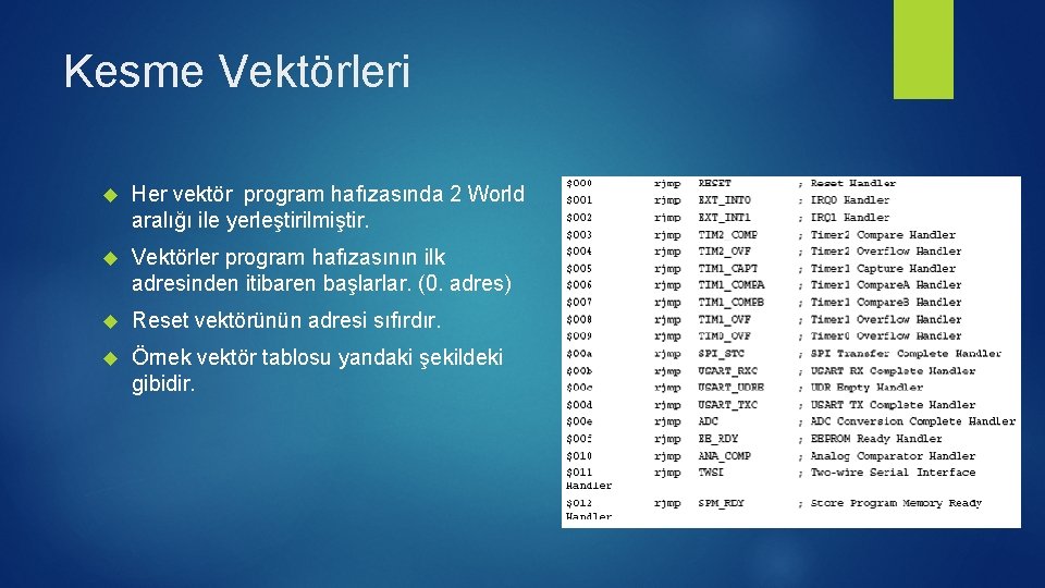 Kesme Vektörleri Her vektör program hafızasında 2 World aralığı ile yerleştirilmiştir. Vektörler program hafızasının