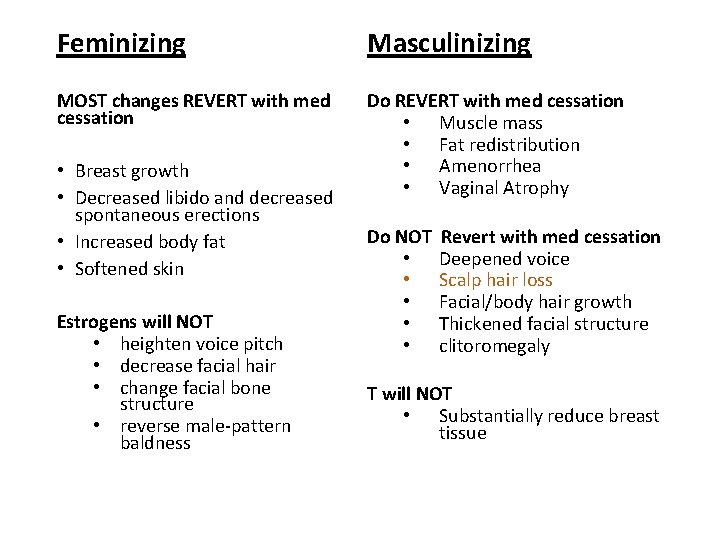 Feminizing Masculinizing MOST changes REVERT with med cessation Do REVERT with med cessation •