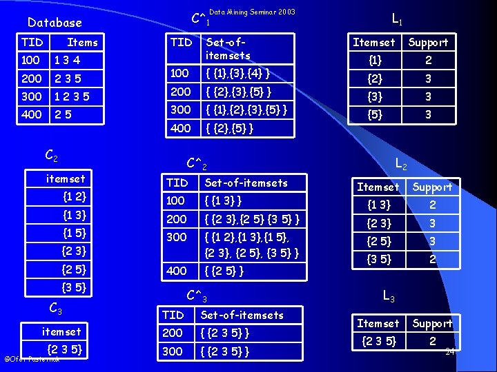 Data Mining Seminar 2003 C^1 Database TID Items 100 134 200 235 300 1235