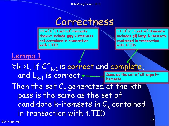 Data Mining Seminar 2003 Correctness t of C^k t. set-of-itemsets doesn’t include any k-itemsets