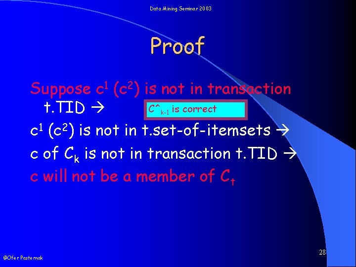 Data Mining Seminar 2003 Proof Suppose c 1 (c 2) is not in transaction