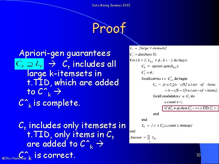 Data Mining Seminar 2003 Proof Apriori-gen guarantees Ct includes all large k-itemsets in t.