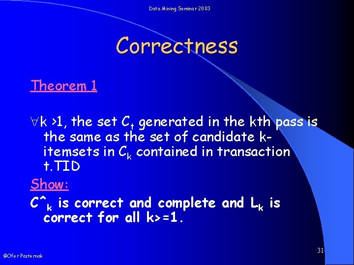 Data Mining Seminar 2003 Correctness Theorem 1 k >1, the set Ct generated in