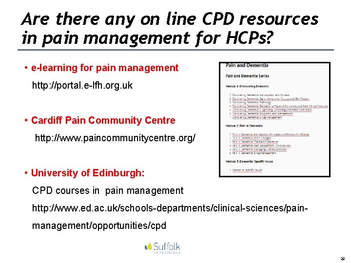 Are there any on line CPD resources in pain management for HCPs? • e-learning