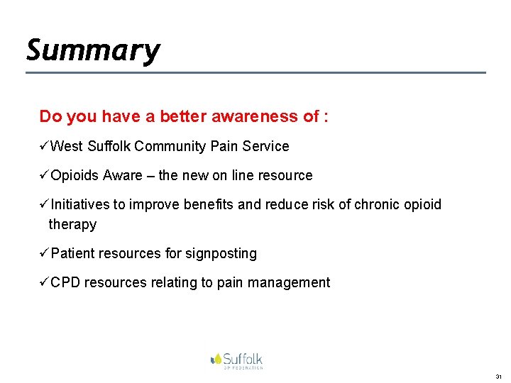 Summary Do you have a better awareness of : üWest Suffolk Community Pain Service