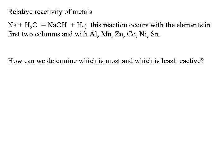 Relative reactivity of metals Na + H 2 O = Na. OH + H