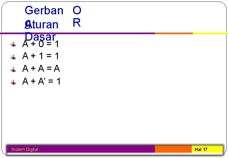 Gerban O g Aturan R Dasar A+0=1 A+1=1 A+A=A A + A’ = 1