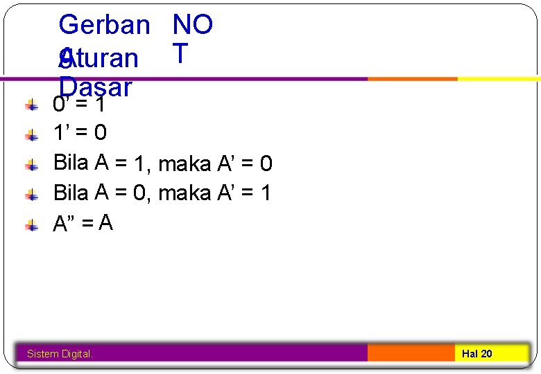 Gerban NO g Aturan T Dasar 0’ = 1 1’ = 0 Bila A