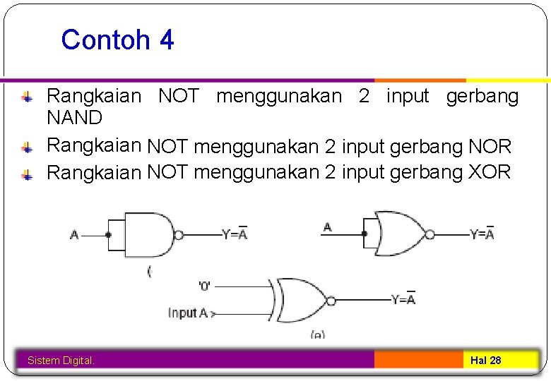Contoh 4 Rangkaian NOT menggunakan 2 input gerbang NAND Rangkaian NOT menggunakan 2 input