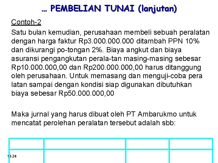… PEMBELIAN TUNAI (lanjutan) Contoh-2 Satu bulan kemudian, perusahaan membeli sebuah peralatan dengan harga … PEMBELIAN TUNAI (lanjutan) Contoh-2 Satu bulan kemudian, perusahaan membeli sebuah peralatan dengan harga