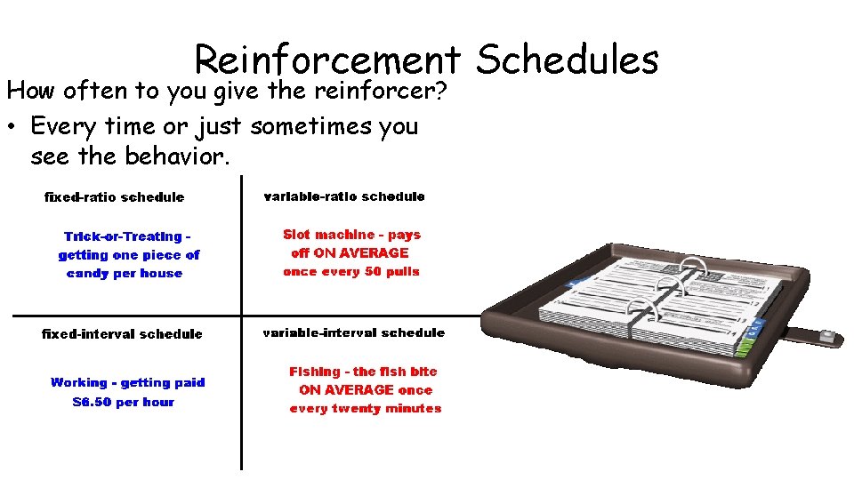 Reinforcement Schedules How often to you give the reinforcer? • Every time or just