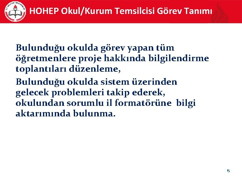 HOHEP Okul/Kurum Temsilcisi Görev Tanımı Bulunduğu okulda görev yapan tüm öğretmenlere proje hakkında bilgilendirme