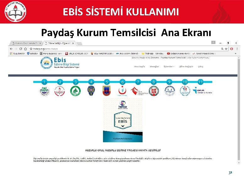 EBİS SİSTEMİ KULLANIMI Paydaş Kurum Temsilcisi Ana Ekranı 31 