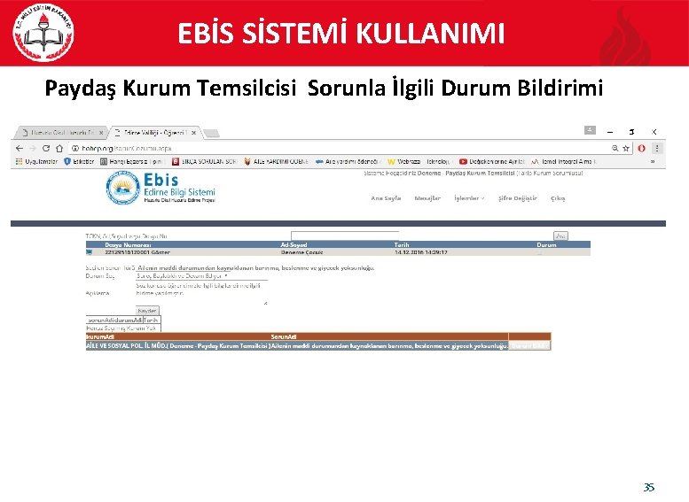 EBİS SİSTEMİ KULLANIMI Paydaş Kurum Temsilcisi Sorunla İlgili Durum Bildirimi 35 