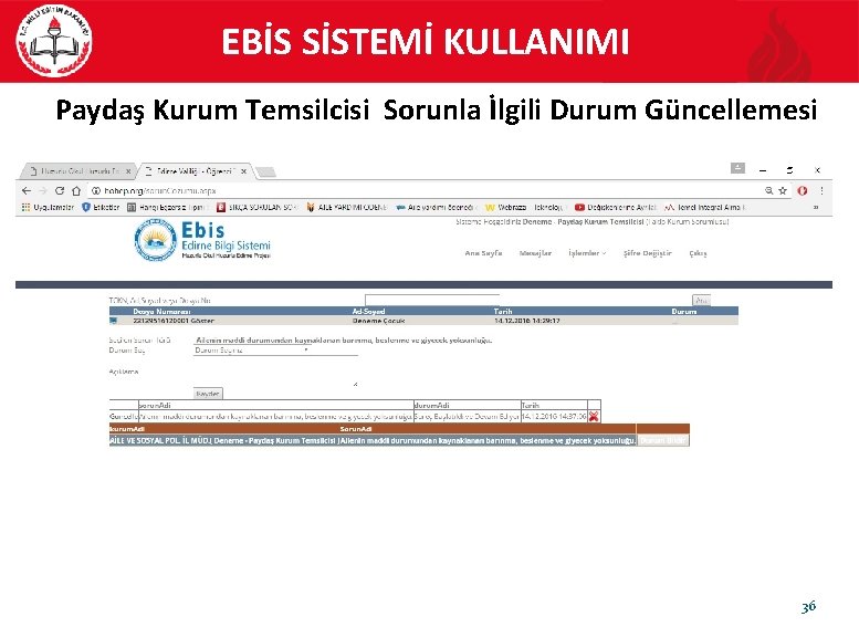 EBİS SİSTEMİ KULLANIMI Paydaş Kurum Temsilcisi Sorunla İlgili Durum Güncellemesi 36 