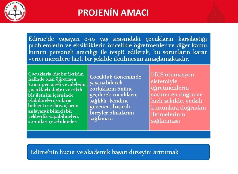 PROJENİN AMACI Edirne’de yaşayan 0 -19 yaş arasındaki çocukların karşılaştığı problemlerin ve eksikliklerin öncelikle