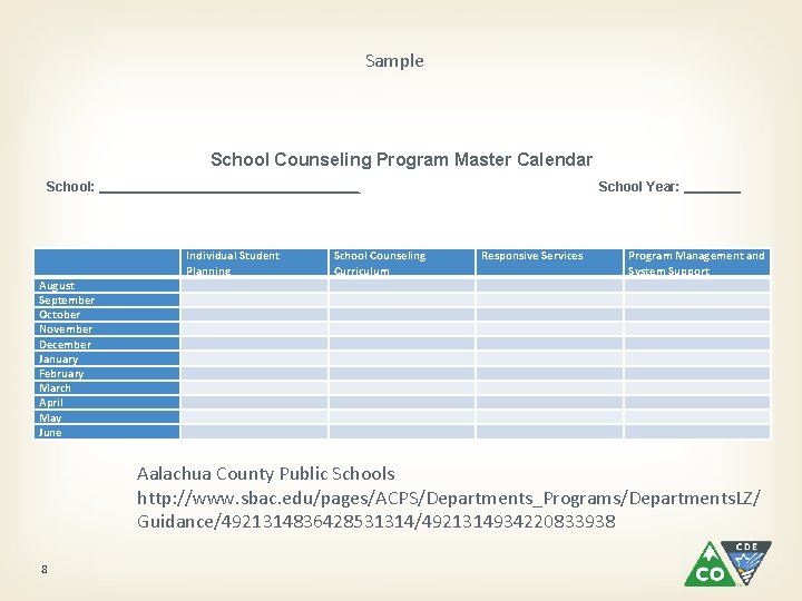 Sample School Counseling Program Master Calendar School: __________________ School Year: _____ August September October