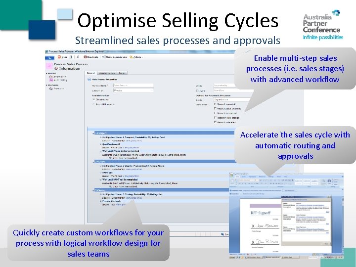 Optimise Selling Cycles Streamlined sales processes and approvals Enable multi-step sales processes (i. e.
