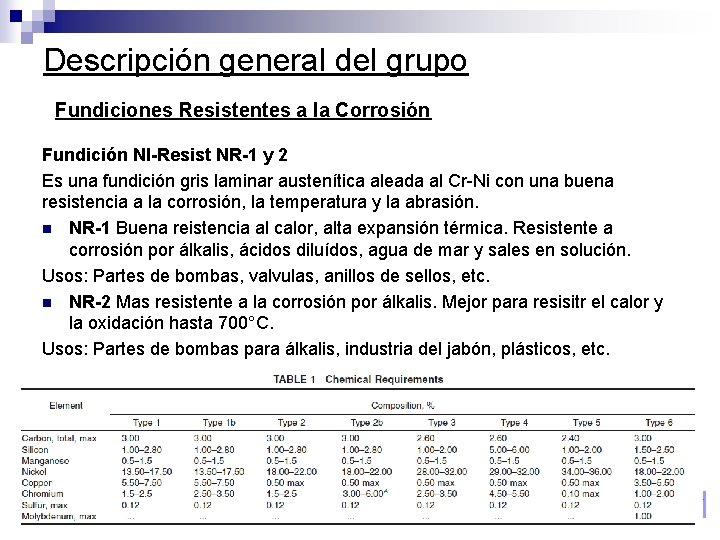 Descripción general del grupo Fundiciones Resistentes a la Corrosión Fundición NI-Resist NR-1 y 2